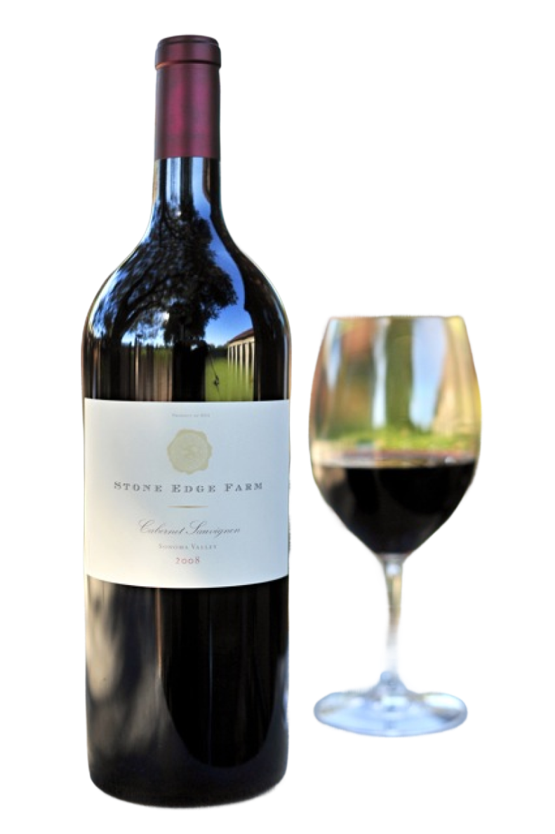Deep red wine bottle with the Sutton mountains in the background